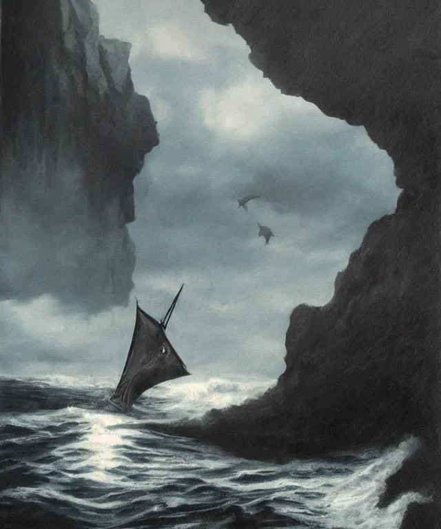 Image similar to photorealistic painting of a 1 9 2 5 seiner sailing near a tropical cliff with the mouth of a sea cave at the waterline, dark, brooding, atmospheric, lovecraft, horror, smooth, epic, highly detailed, cinematic, by lee gibbons