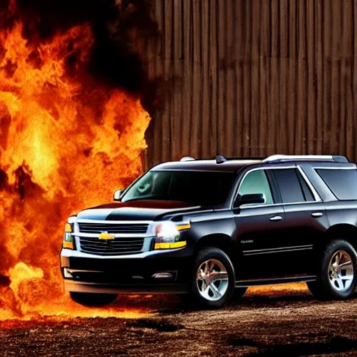 Prompt: a Chevy Tahoe in a dark burning warehouse, with flames illuminating