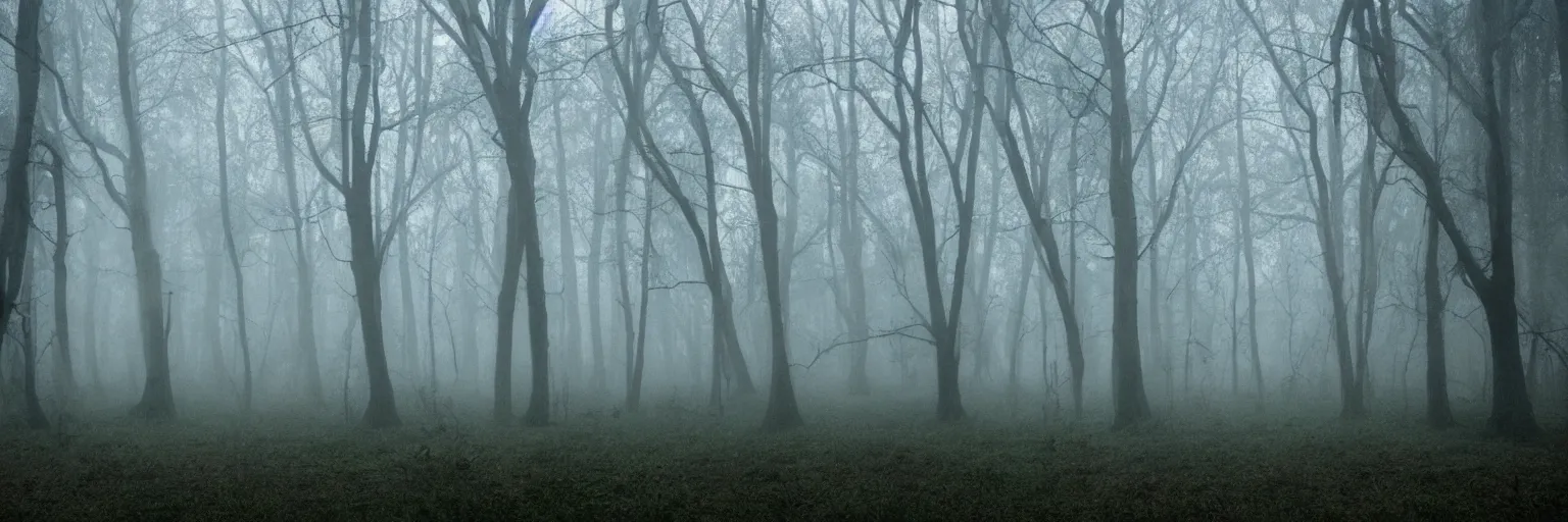 Prompt: a haunted forest, mist and rain