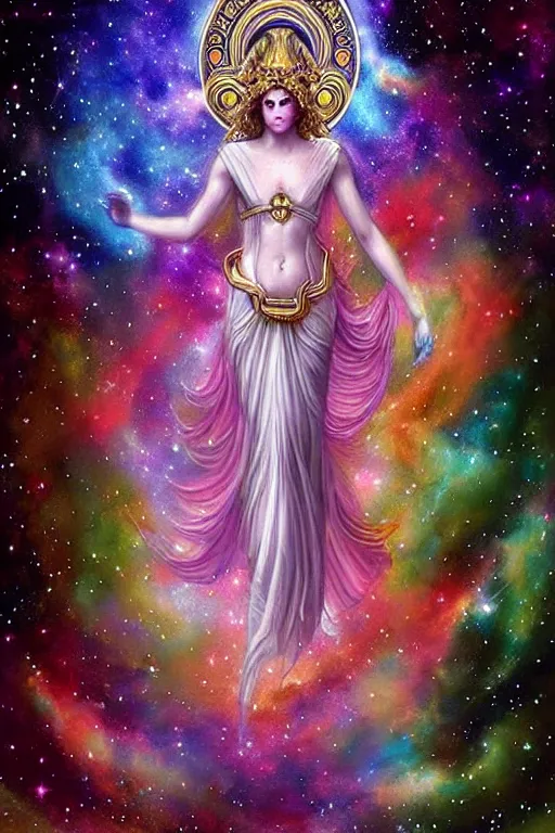 Image similar to Full view realistic ethereal stunning Immortal Gods of cosmic nebula in a beautiful dress, 4k digital painting masterpiece, ornate Iconography background in the style of Barbara Meiklejohn-Free & Flavia Kate Peters, tarot card, cool, magnificent, mystical, Hyperdetailed, award winning art, , wlop, Pinterest, detailed and realistic, soft lighting, intricate details, realistic, full view, Artstation, CGsociety