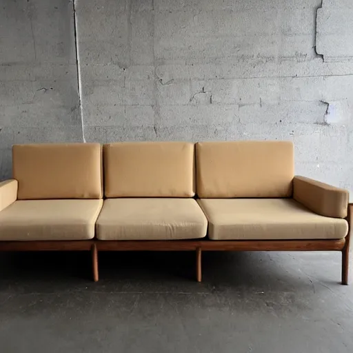 Image similar to wooden sofa monster, square cushions, studio lighting, scandinavian design, minimalist