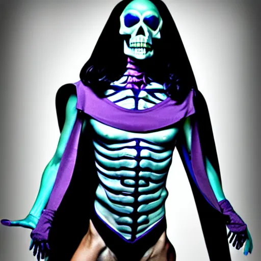 Image similar to glamour fashion modeling photo of skeletor