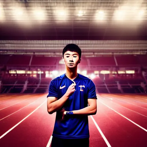 Prompt: portrait of young chinese track coach, glowing, gentlemanly majestic, jaw - dropping, dynamic lighting, intricate, 4 k octane rendering - s 1 2 7 3 4 6 7 5 7 8
