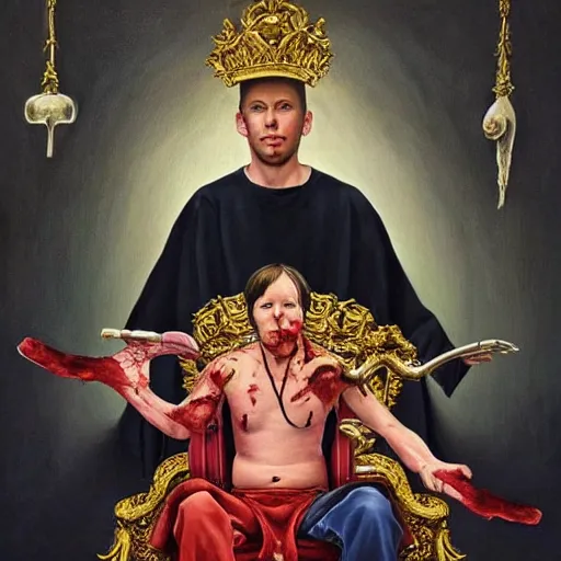 Prompt: hyper realistic painting of a handsome man symmetrical, sitting in a gilded throne, tubes coming out of the man's arm with blood, getting a blood transfusion from a baby, bloody ivs, plague doctor in the background created by wes andersson