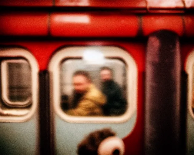 Image similar to a lomography photo of rumble between two xenomorphs in soviet train this morning, bokeh,