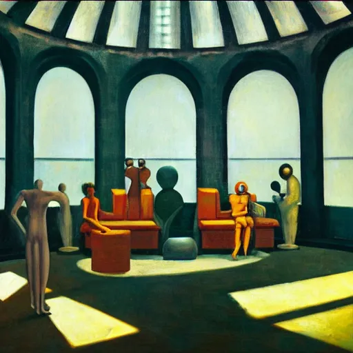 Image similar to three brutalist robotic seers watchers oracles soothsayers inside a retractable dome, pj crook, grant wood, edward hopper, syd mead, oil on canvas