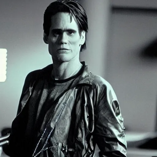 Image similar to very wellmade photo of young Jim Carrey as a scifi futuristic cyberpunk hacker