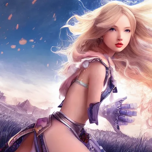 Prompt: a mix between dove cameron and taylor swift as terra from final fantasy 3, color page, tankoban, 4 k, tone mapping, akihiko yoshida, james jean andrei riabovitchev marc simonetti, yoshitaka amano, long hair, curly, h. hydrochaeri