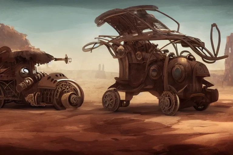 Prompt: a steam powered robot car, out in the desert, fantasy, dark, steam punk , artstation, concept art, smooth, sharp focus, illustration,