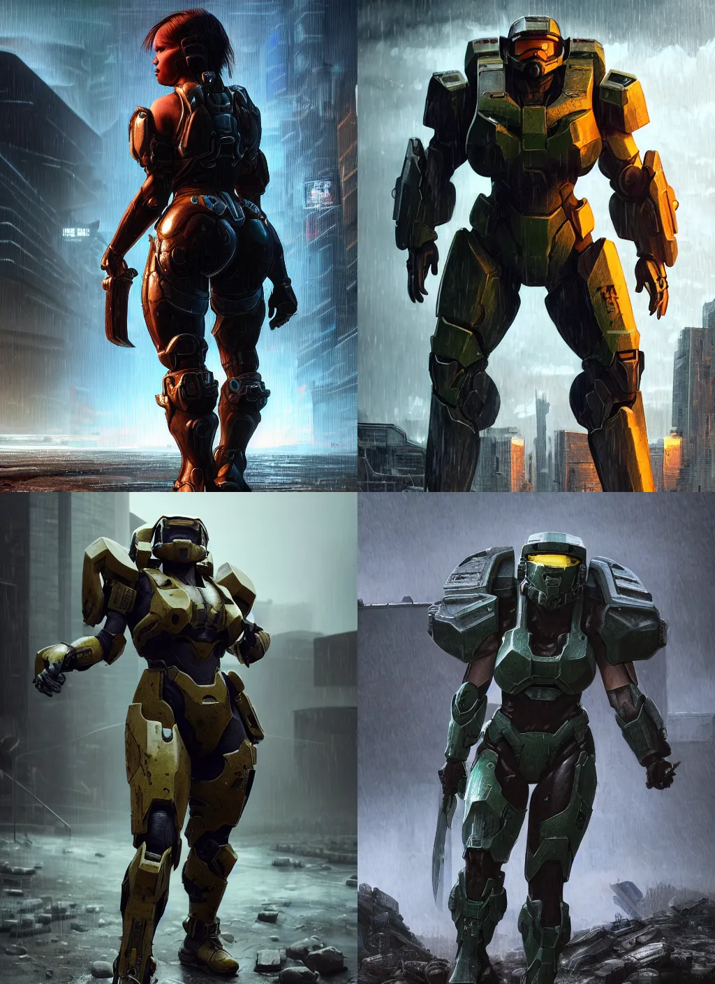 Prompt: a beefy bulky female warrior walking in a cyberpunk wasteland facing the camera, mjolnir armor from halo infinite, intricate, 8K, octane render, Digital painting, concept art, illustration, sharp focus, centered, good value control, realistic shading, rational painting, a rainy night, water, wet, rain, rainstorm, rubber undersuit