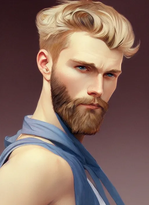 Prompt: man 2 9 years old, 1 8 0 cm height, slim, well fit, blonde, blue eyes, brown beard, cinematic, stunning, highly detailed, digital painting, artstation, smooth, hard focus, illustration, art by artgerm and greg rutkowski and alphonse mucha