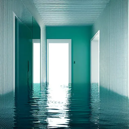 Prompt: room made of white ceramic tiles, rounded room, curved hallways, liminal space, surreal, flooded with blue green water,