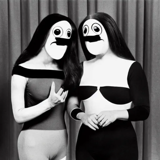 Prompt: 1970 twin women on tv show wearing an inflatable mask with a long prosthetic nose and googly eyes, wearing a leotard on the dancefloor 1970 color archival footage color film 16mm holding a hand puppet Fellini Almodovar John Waters Russ Meyer Doris Wishman