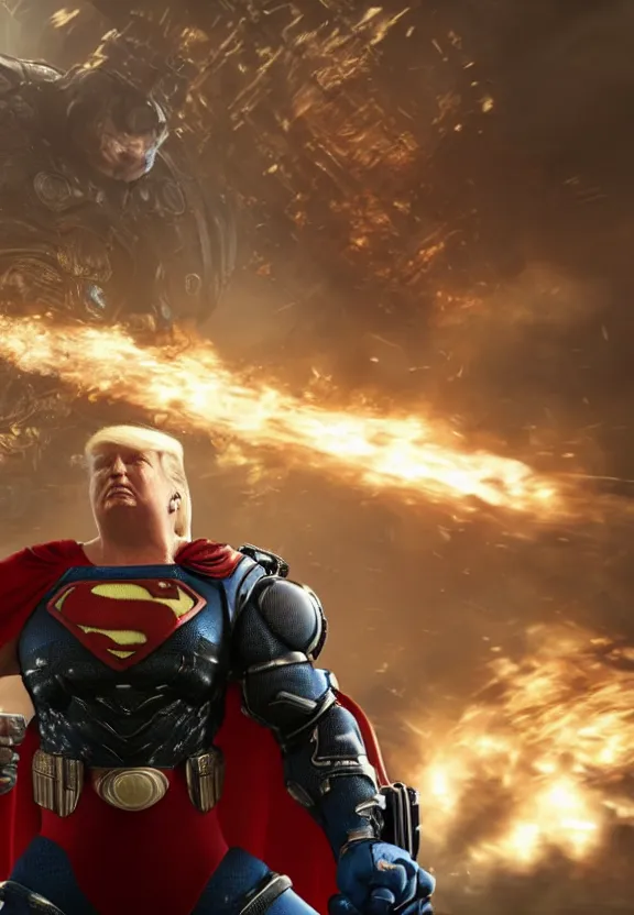 Image similar to Portrait of Donald Trump as superman in Gears of War, splash art, movie still, cinematic lighting, dramatic, octane render, long lens, shallow depth of field, bokeh, anamorphic lens flare, 8k, hyper detailed, 35mm film grain