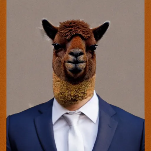 Prompt: a picture of half portrait of a man in suit with an alpaca's head, symmetrical facial features, octane.