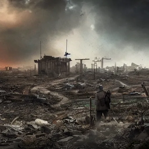 Image similar to survivors of a dystopian future with a view of a landscape devastated by an apocalyptic war, photorealistic, 4 k, ultra fine detail,