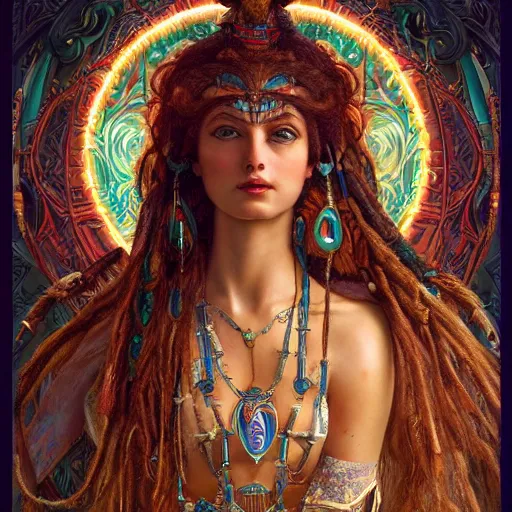 Image similar to artstation, intricate details, hyper details, by gaston bussiere and sandro botticelli, tan skin sumerian goddess inanna, lady of elche, egyptian sumerian features, techno mystic dominatrix goddess intergalactica, inanna with aqua neon rapunzel dreadlocks,