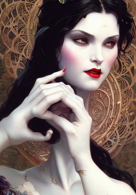 Image similar to evil demon snow white, intricate, elegant, highly detailed, digital painting, artstation, concept art, smooth, sharp focus, illustration, art by artgerm and greg rutkowski and alphonse mucha and william - adolphe bouguereau