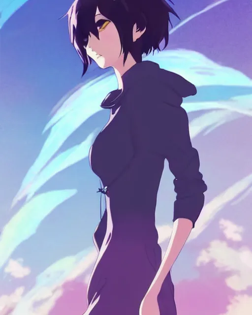 Prompt: style of makoto shinkai, loish : : gorgeous willa holland : : evil witch, swirling black magic : : symmetrical face, symmetrical eyes : : full body pose : : gorgeous black hair : : magic lighting, low spacial lighting : :