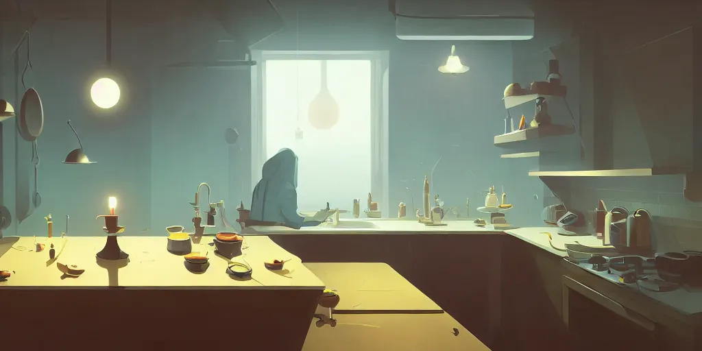 Prompt: minimalistic kitchen dim lit by a candle simon stalenhag gerald brom bastien grivet, fisheye camera, extreme perspective