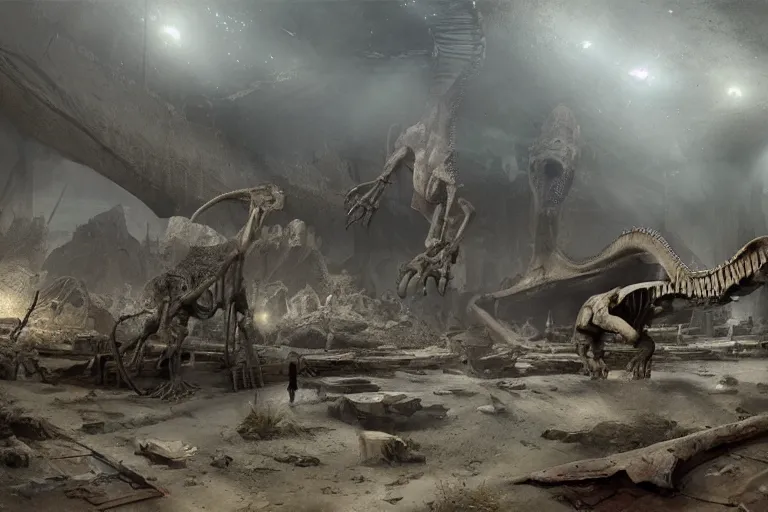 Image similar to abandoned dinosaur museum, gigantic dinosaur skeletons, cinematic, craig mullins, 8 k