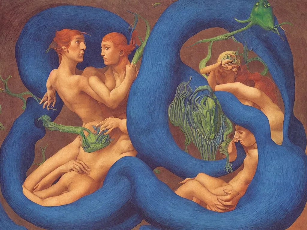 Prompt: Portrait of young couple inside the giant serpent digestive tract. The human crevasses. Living in the blue flame. The flower of fertility. Georges de la Tour, Rene Magritte, Jean Delville, Max Ernst, Walton Ford