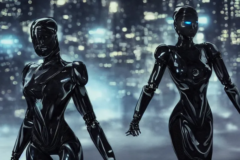 Image similar to VFX movie closeup of a gorgeous futuristic robot woman in black spandex armor in future city, hero pose, beautiful skin, natural city night lighting by Emmanuel Lubezki