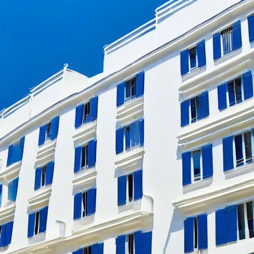 Prompt: Minimalistic background of buildings with traditional Greek style architecture. Low angle view of white houses against a blue clear summer sky. Construction of a modern residential building in the open air.