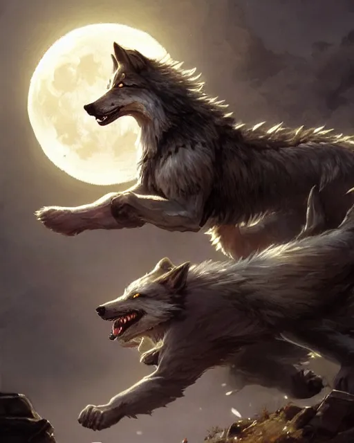 Prompt: '' Illustration a wolf (Fenrir) breaking its chains, (night), (moon in the background), league of legends, Fenrir, LOL, fantasy, d&d, digital painting, artstation, concept art, sharp focus, illustration, art by greg rutkowski and alphonse mucha ''