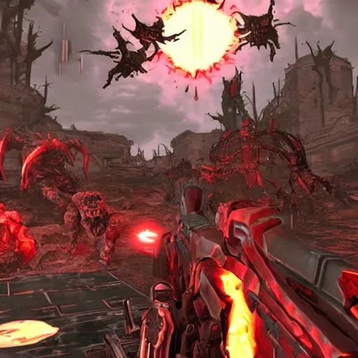 Prompt: bloody hell scene, doom slayer walking on human bloody dead bodies, shooting with heavy bolt rifle towards demons, view from side