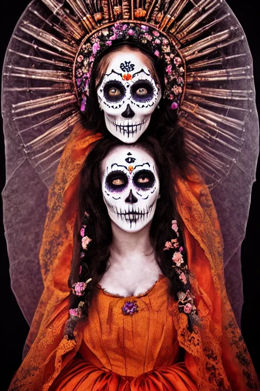 Image similar to 1 9 1 0's virgin mary dia de muertos dress and make up, horrific beautiful vibe, evocative, atmospheric lighting, painted, intricate, highly detailed, leesha hannigan, wayne haag, reyna rochin, ignacio fernandez rios, mark ryden, iris van herpen, stunning, gorgeous, sharp focus, cinematic, masterpiece