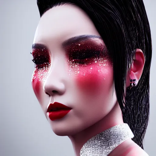 Image similar to Japanese model with maximalist hair style and makeup, fashion model, unreal engine octane, red and white, portrait, glitter, depth of field, 8k, hyper detailed, intricate, trending on artstation