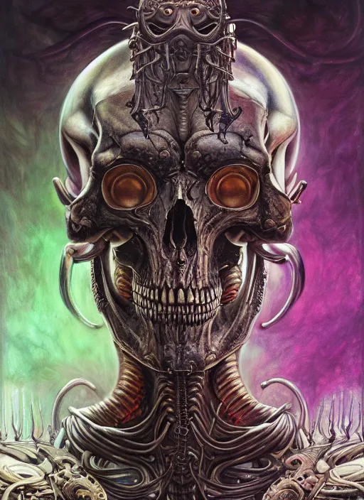 Image similar to hyper detailed masterpiece animal skull alien tattoo warrior by donato giancola and tom bagshaw, face by artgerm and edmund leighton, and h. r. giger, trending on artstation, colorful, psychedelic aesthetic, ornate, background by james jean, 8 k, biomechanical, majestic, volumetric lighting, porcelain skin, concept art, sharp focus