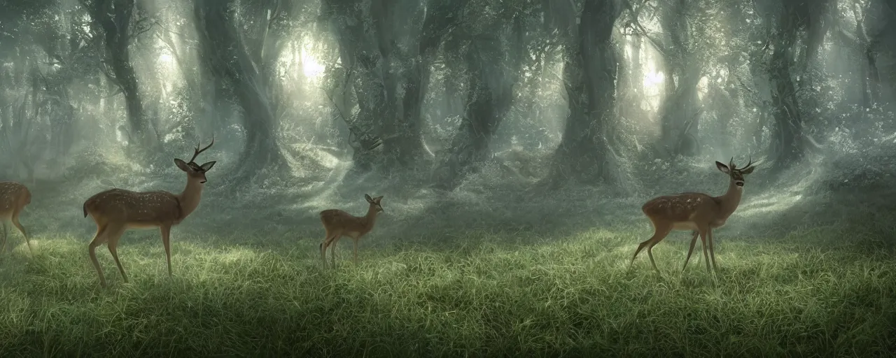 Image similar to deer in an ethereal forest made from glowing circuits and electronics, highly detailed concept art, 3 d, volumetric lighting