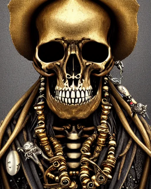 Prompt: realistic portrait of a pirate of bones, dark, gold, silver ornaments, facing camera, photo realistic, detailed, 1 4 5 0, delicate, hyper realism, ultra realistic, 8 k