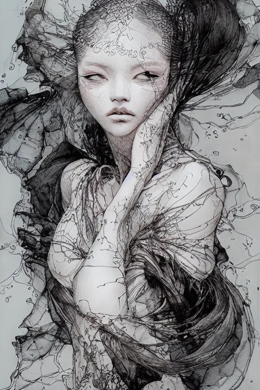 Image similar to Her skin was made of poetry that my fingers couldn't wait to read, pen and ink, intricate line drawings, by Yoshitaka Amano, Ruan Jia, Kentaro Miura, Artgerm, watercolor