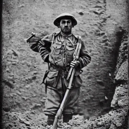 Image similar to Kurdish soldier, ww1 trench, war photo, film grain, award winning photo