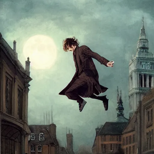 Image similar to frank dillane jumping between rooftops in london, old english clothes, night, full moon, highly detailed, by greg rutkowski