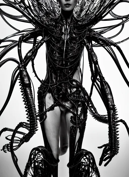 Image similar to walking down the catwalk, ben watts, show, stage, vogue photo, podium, fashion show photo, historical baroque dress dark, iris van herpen, beautiful woman, masterpiece, intricate, biopunk, vogue, full body shot, alien, plant predator, guyver, giger, wires, tubes, veins, jellyfish, white biomechanical details, highly detailed