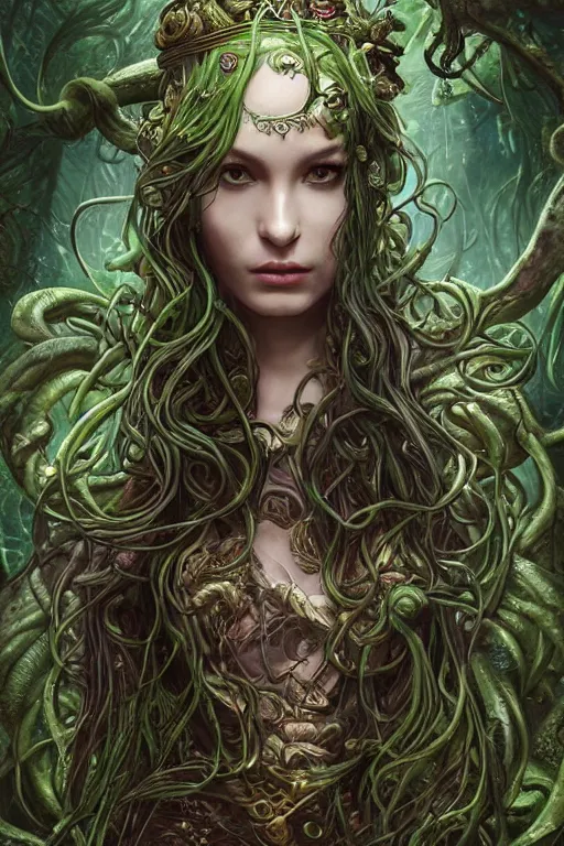 Image similar to a beautiful young woman, Vraska golgari queen, long flowing medusa hair, mostly green and leather pirate armor, young female face, vine like plants and jungle background, cinematic top lighting, insanely detailed and intricate, face by wlop, Charlie Bowater, golden ratio, symmetric, elegant, ornate, luxury, elite, matte painting, MTG, magic the gatheing, cinematic, cgsociety, 8k, high resolution