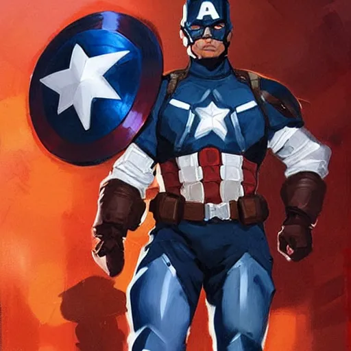 Image similar to greg manchess portrait painting of armored captain america as overwatch character, totally whack, medium shot, asymmetrical, profile picture, organic painting, sunny day, matte painting, bold shapes, hard edges, street art, trending on artstation, by huang guangjian and gil elvgren and sachin teng