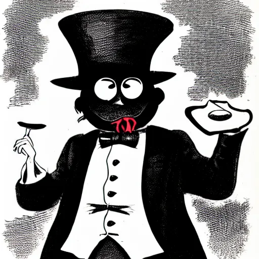 Image similar to a small vampire with a top hat and a monocle in the style of cupehead old cartoon