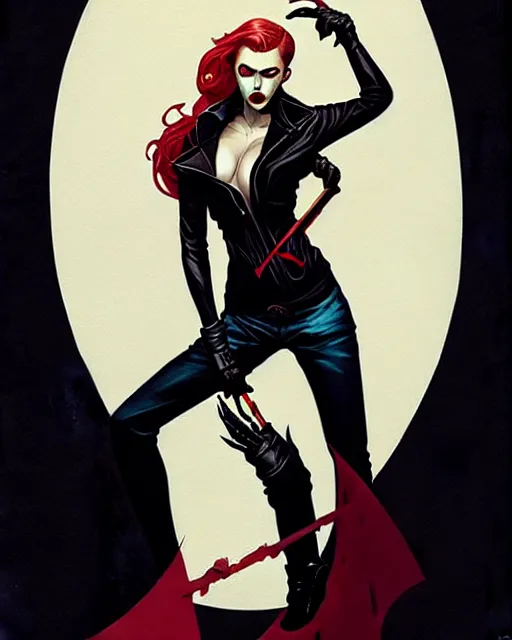 Image similar to rafael albuquerque comic art, art nouveau, peter mohrbacher, artgerm, pretty scarlett johansson vampire sharp vampire teeth open mouth, symmetrical eyes, black leather jacket, jeans, long blonde hair, full body