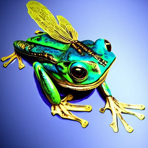 Prompt: blue steampunk frog with dragonfly wings and yellow eyes, photorealism, oil paint, renaissance, 8 k, high detail whide shot
