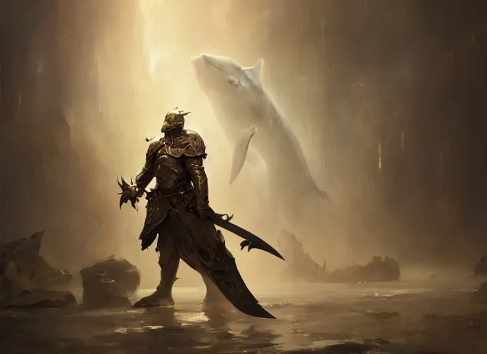 Prompt: beautiful oil matte portrait painting, a shark wearing armor holding a saberstaff, lightstaber, wonderful masterpiece highly detailed, beautiful cinematic light deep focus, elegant, digital painting, smooth, sharp focus, golden ratio, dramatic illumination, ultra realistic, 8 k, art by ruan jia and wlop and rutkowski