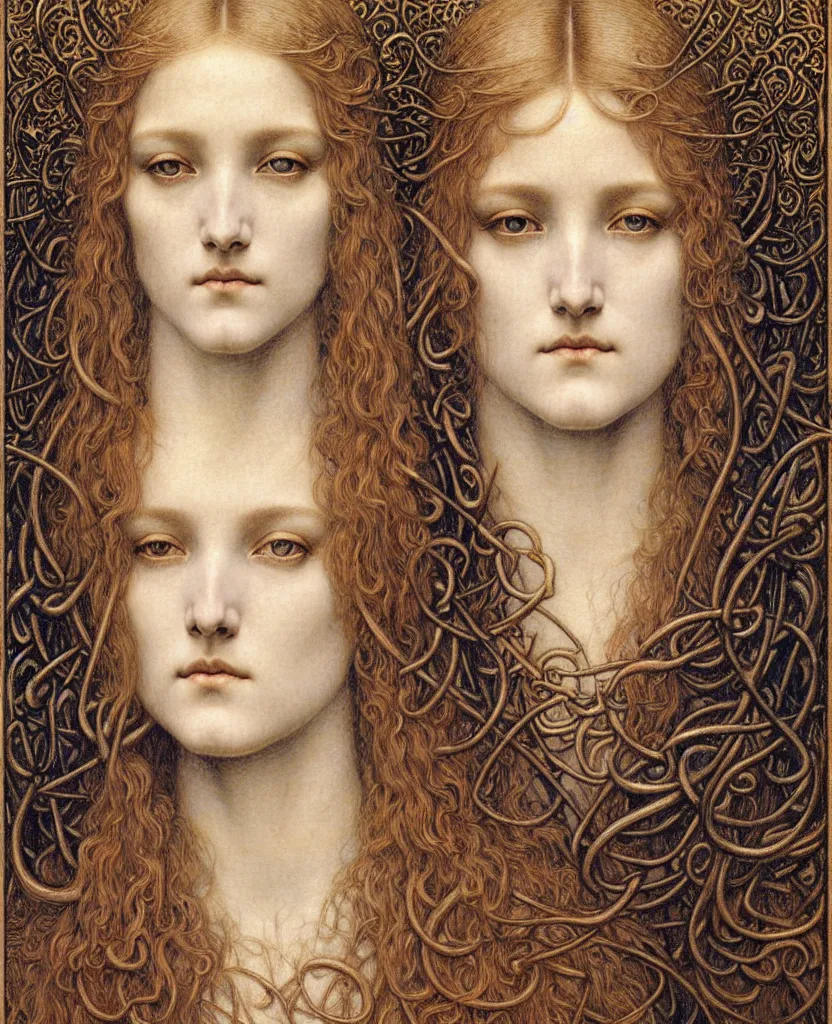 Image similar to detailed realistic beautiful young medieval queen face portrait by jean delville, gustave dore and marco mazzoni, art nouveau, symbolist, visionary, gothic, pre - raphaelite. horizontal symmetry