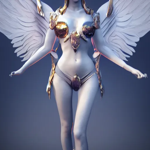 Image similar to fantasy angel with wings inspired avant - garde art, deco fashion, highly detailed, photorealistic portrait, bright studio setting, studio lighting, crisp quality and light reflections, unreal engine 5 quality render