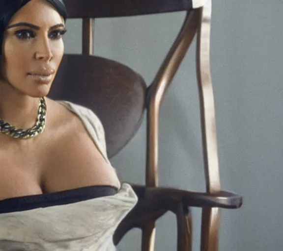 Image similar to a movie still of kim kardashian as a handcuffed prisoner with a chain around her neck bonded to a chair in the movie star wars