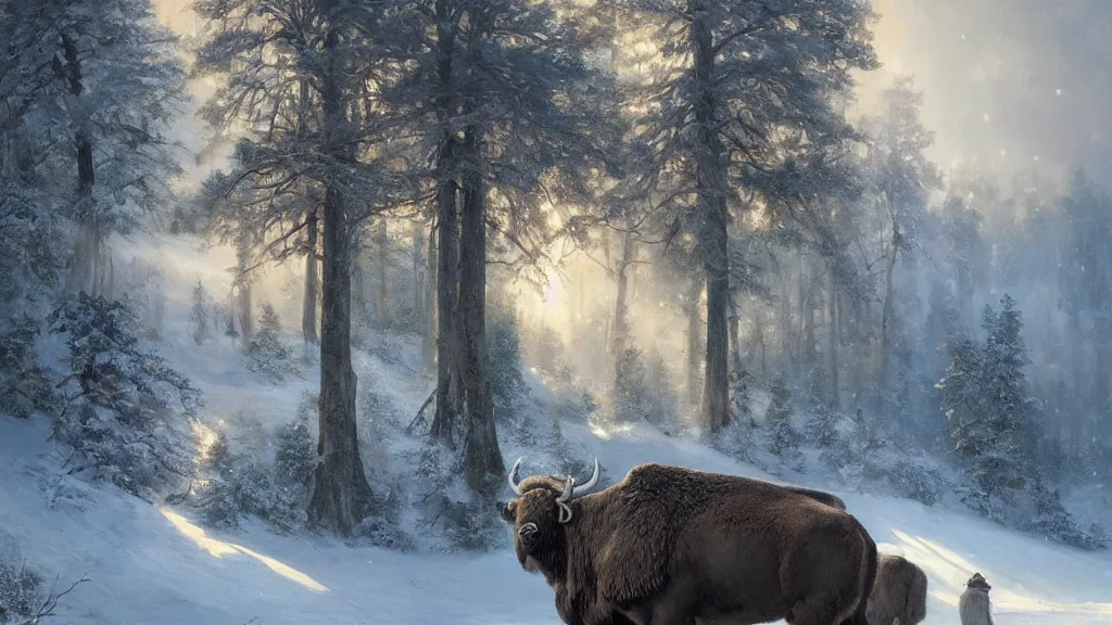 Prompt: the most beautiful panoramic landscape, oil painting, where a giant dreamy waterfall is frozen, the trees around have snow over their leafs, a majestic bison is in close - up and is exhaling steam, the ray lights of the sunrise are brightening him, by greg rutkowski