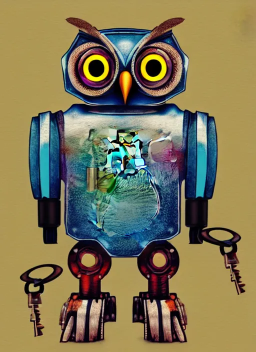 Image similar to colored pencil and pen drawing of an animatronic robot owl, bird made from rusty old keys and padlocks, 8 k photorender realityengine